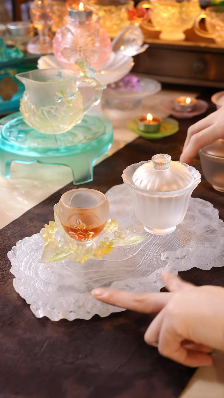 手工艺品琉璃桂花1杯1托+闲梦江南盖碗1只