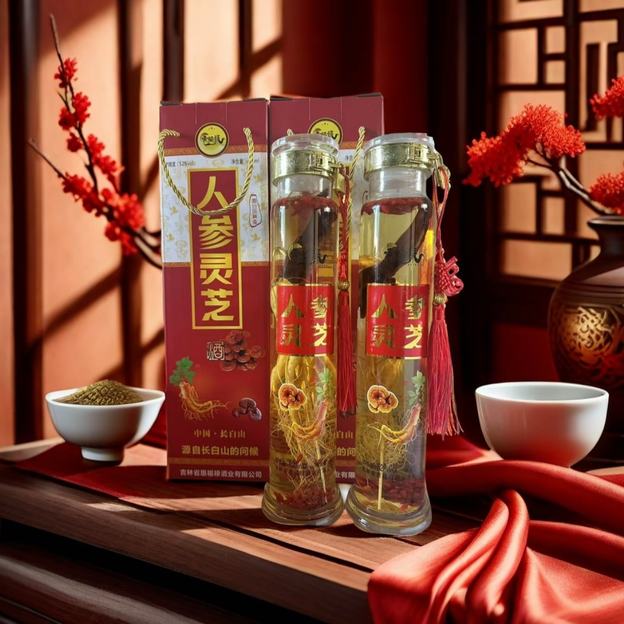 【惠福禄】甄选长白山人参灵芝酒52度 1000ml*2瓶礼盒装