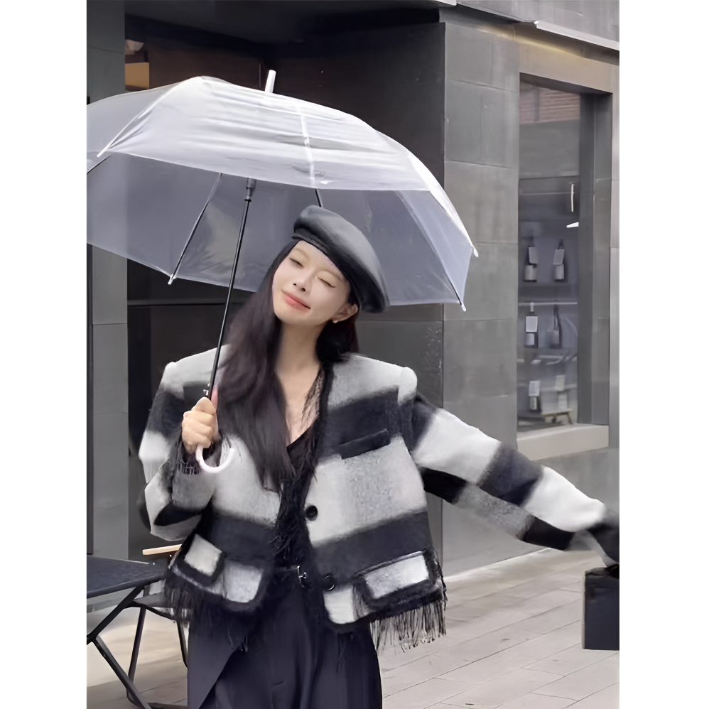 小香风气质短款羊毛外套女设计感小众V领条纹流苏羽绒服8996（YY）