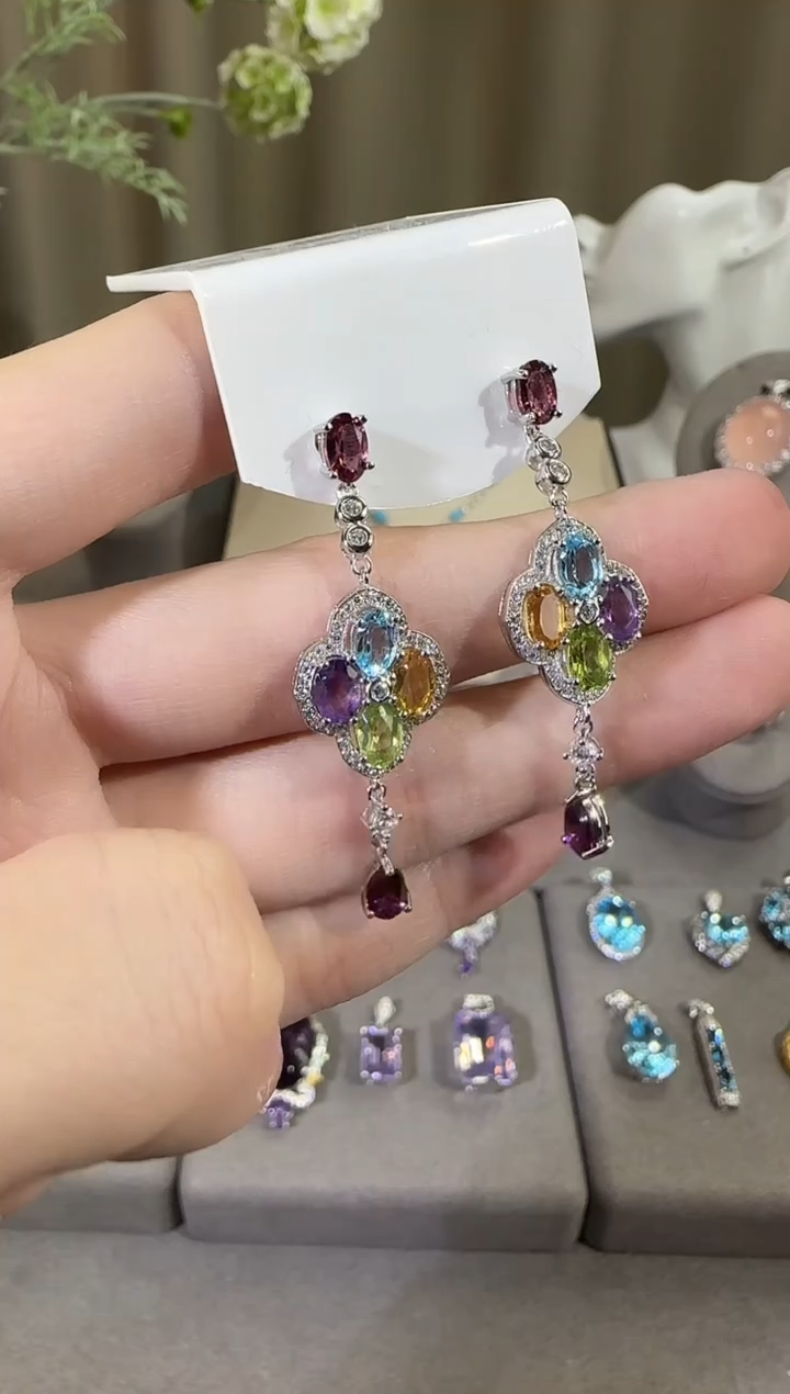 银S925镶嵌耳饰水晶4*6mm耳坠多彩宝设计款