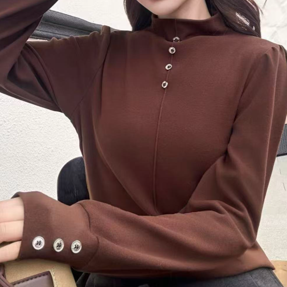 【艾萱萱】7712款法式半高领百搭泡泡袖双面德绒扣子打底衫 约54