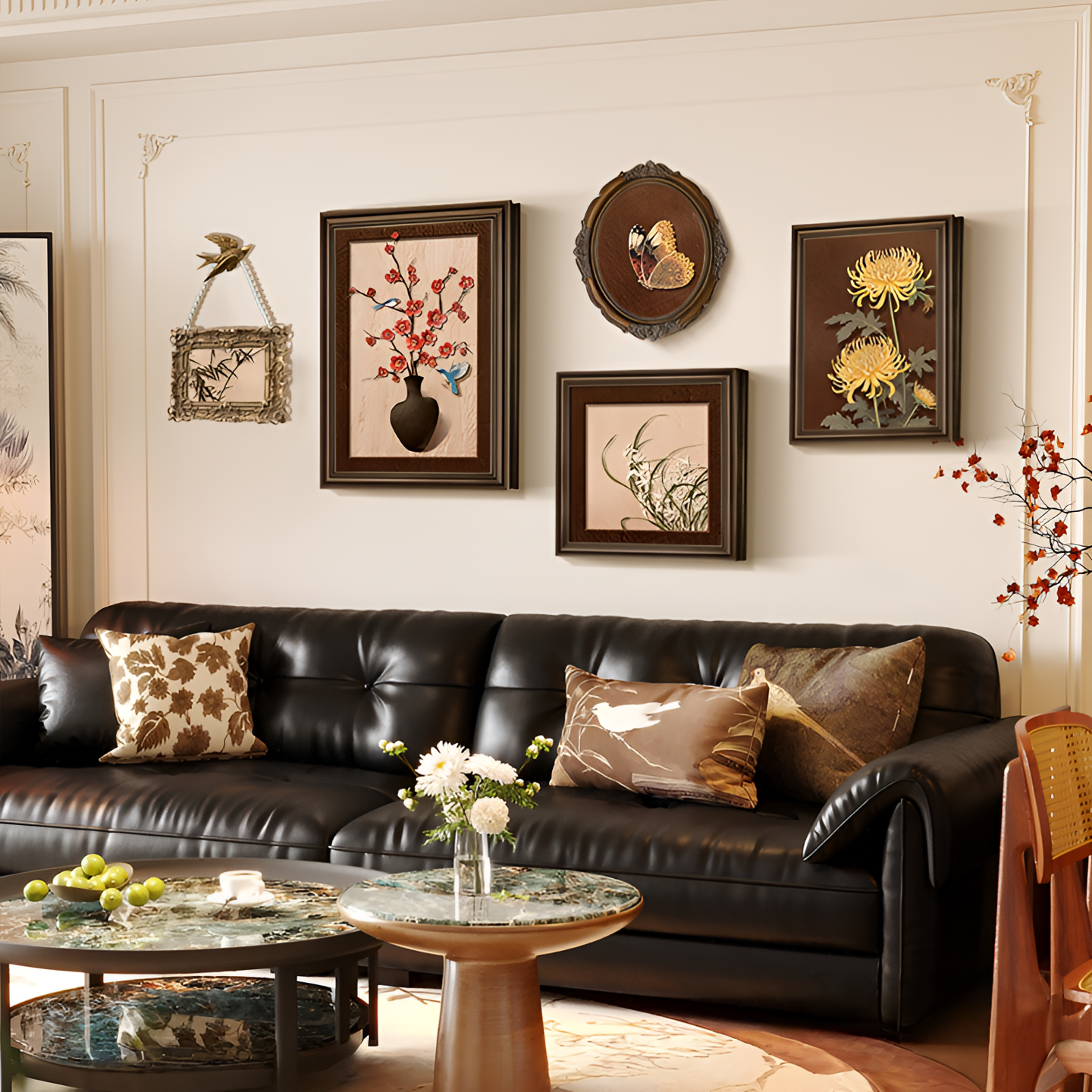 喜上眉梢客厅装饰画中古风复古花卉沙发背景墙挂画法式新款组合画