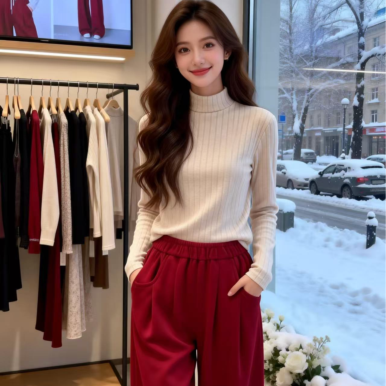 A99时尚温柔长袖宽松显瘦坑条纹打底衫百搭女士半高领保暖