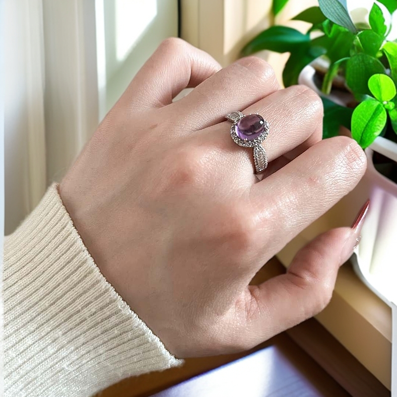 爆款小蛮腰通体S925银拖镶嵌紫水晶水晶蛋面戒指活口可调节