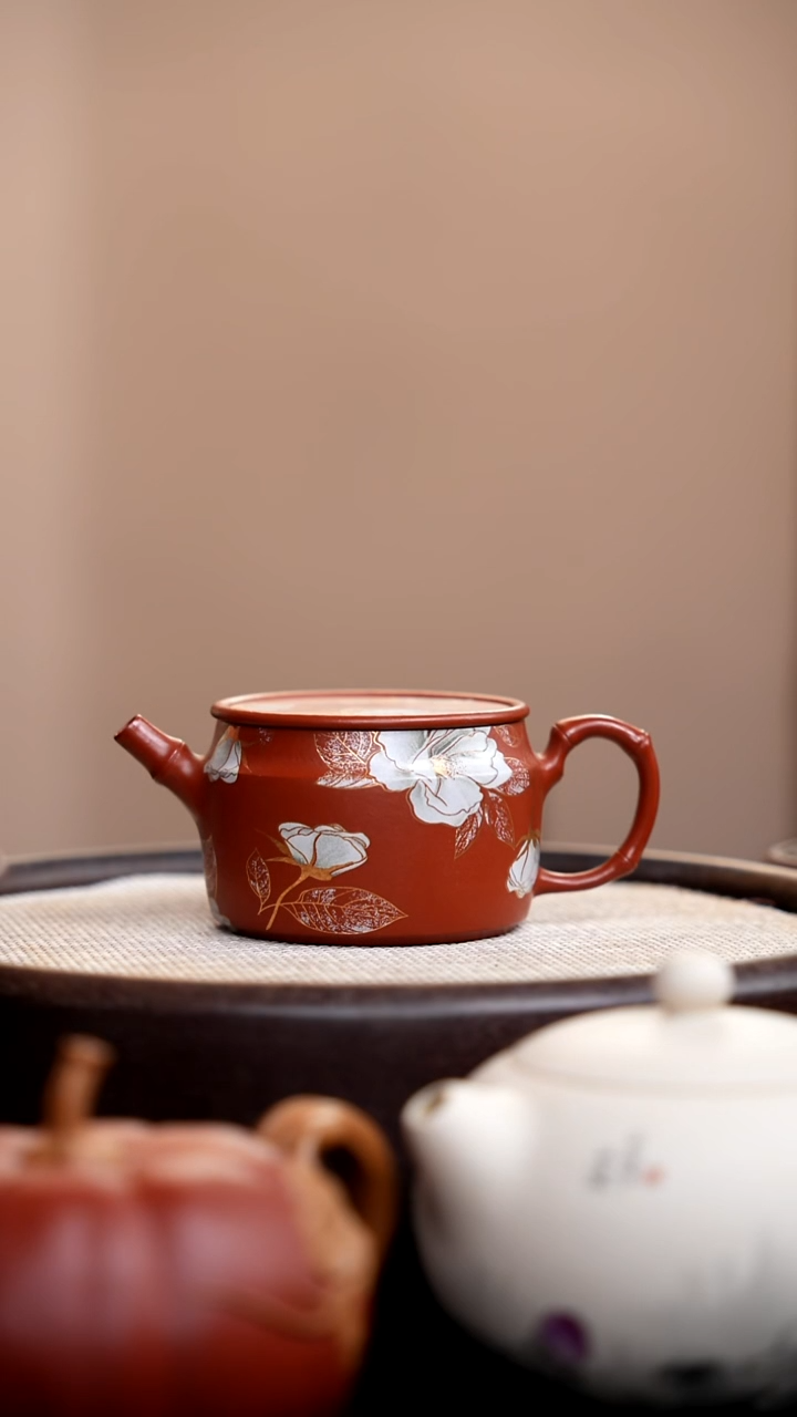 茶壶紫砂朱泥银牡丹无钮竹节