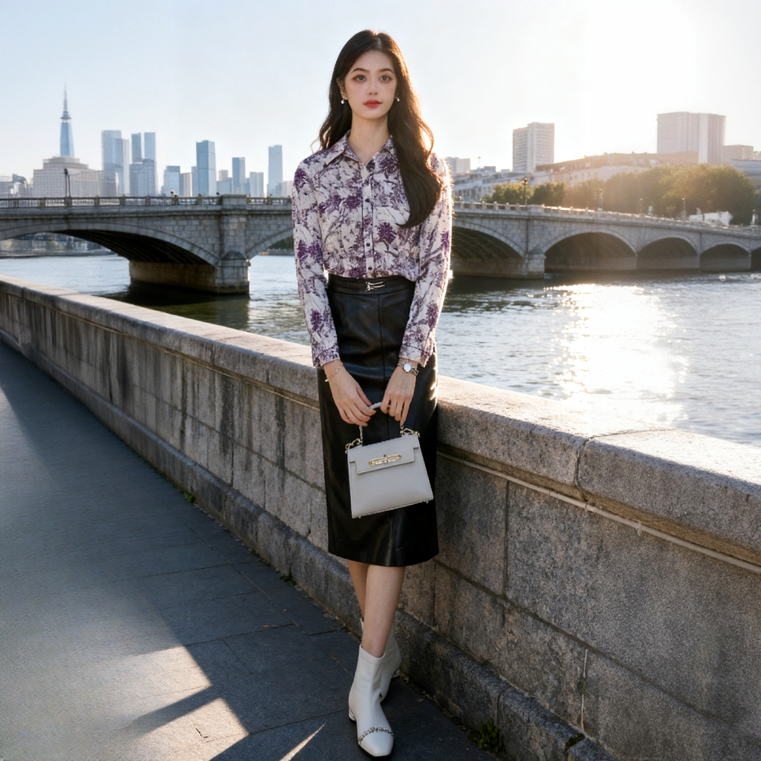 赢智尚2025新款酒红色撞浅米色印花衬衫搭半裙套装女ZC-ZE00984