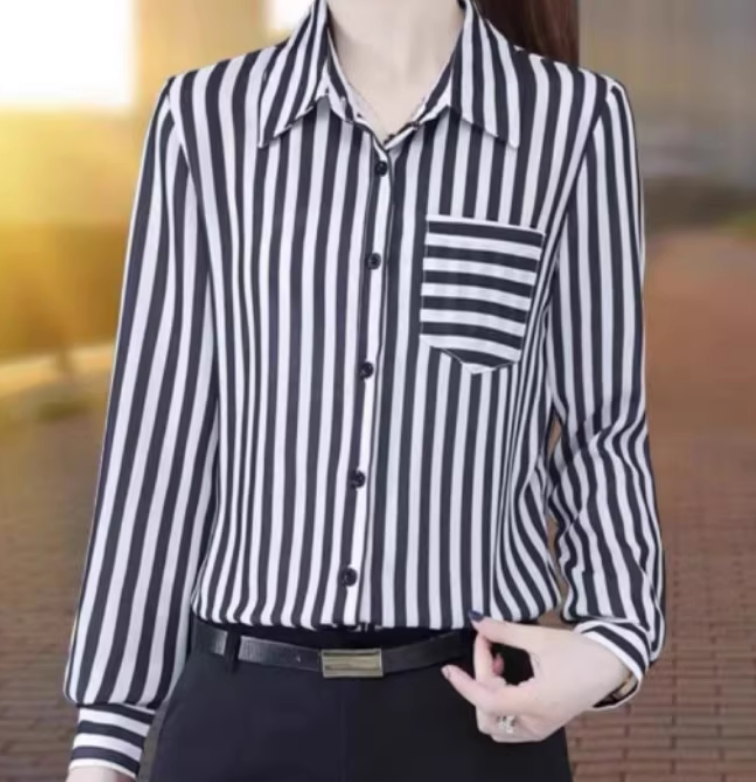 【商场同款】显瘦通勤长袖时尚款条纹翻领秋季百搭衬衫女5300449