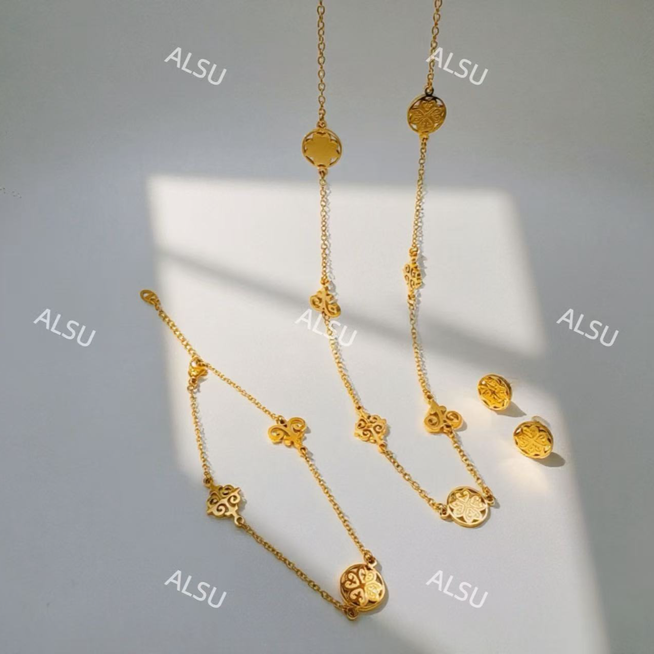 合金项链 ALSU原创新款民族风时尚轻奢项链耳钉手链欧美气质金色