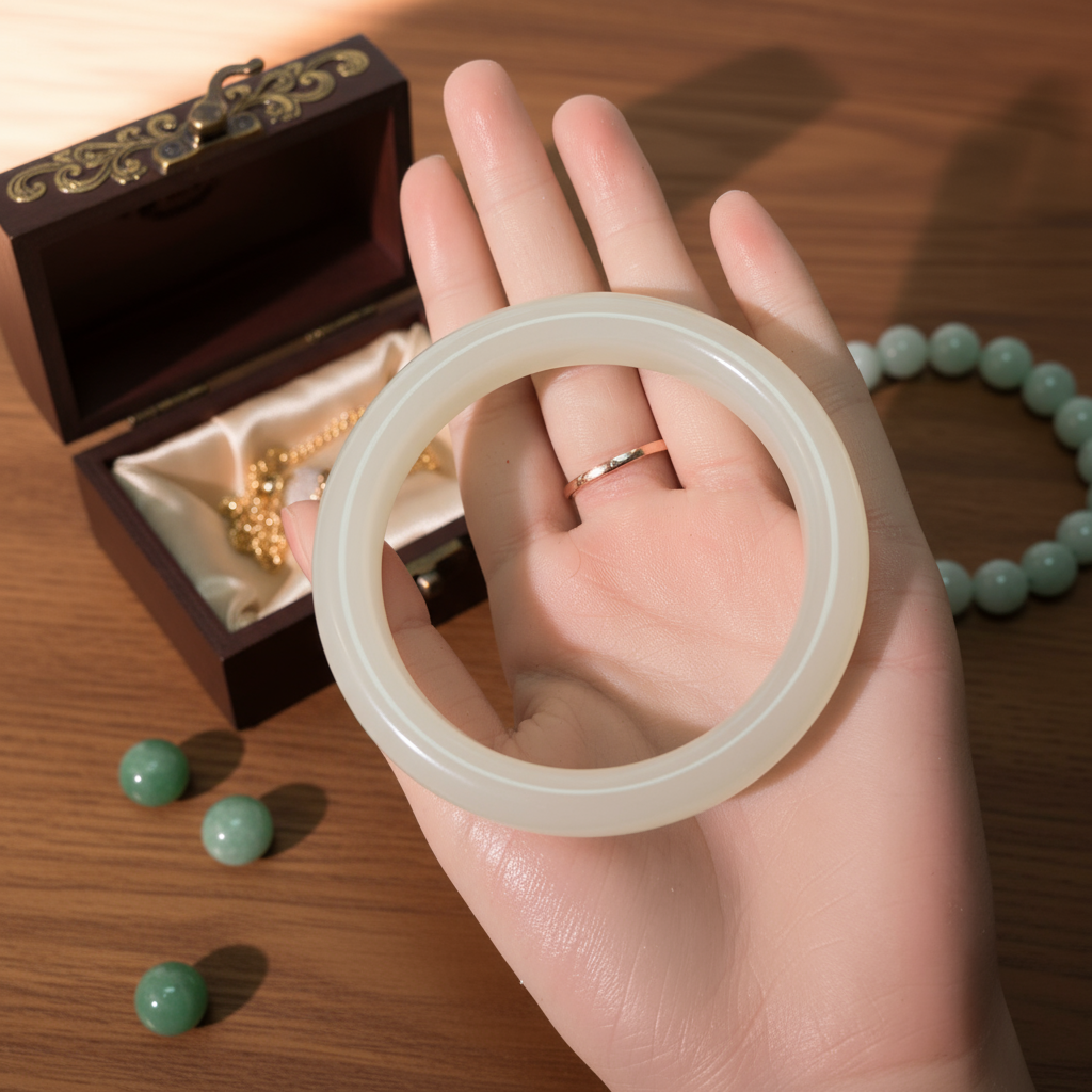 新疆料 天然和田玉晴水蜂蜜水正圈手镯13-14mm