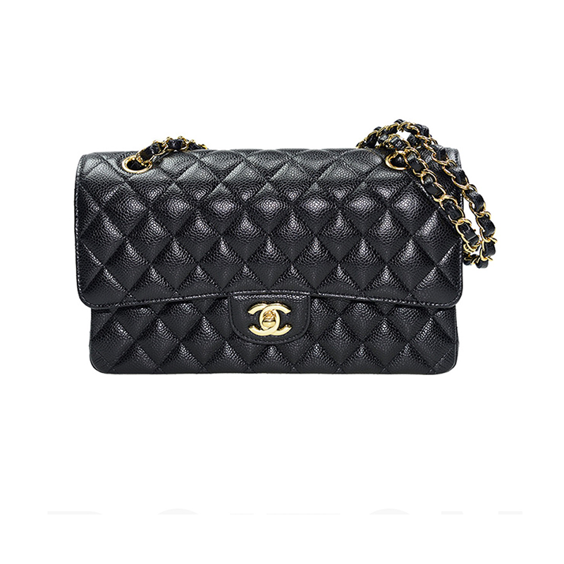 99新 Chanel/香奈儿 黑金/黑银cf中号荔枝牛皮单肩包
