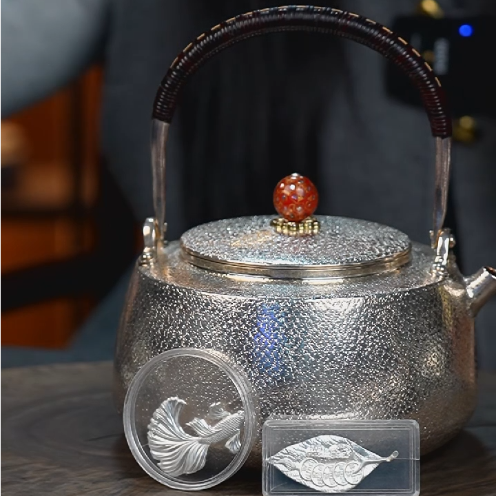 手工素面柳纹提梁烧水煮茶银壶999