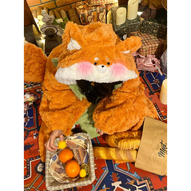 可爱小狐狸围脖珊瑚绒睡衣女冬季加厚加绒保暖睡袍连帽家居服套装