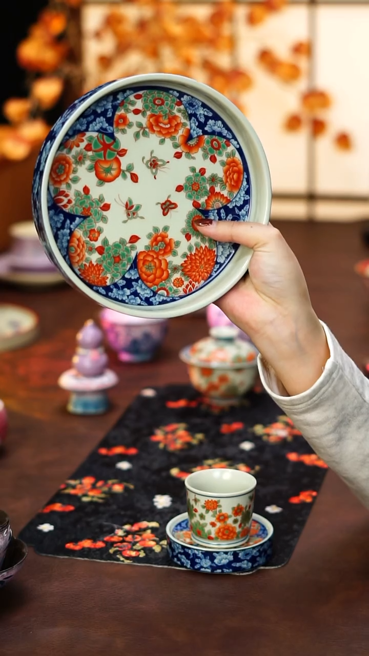 陶栖堂青花红绿彩壶承