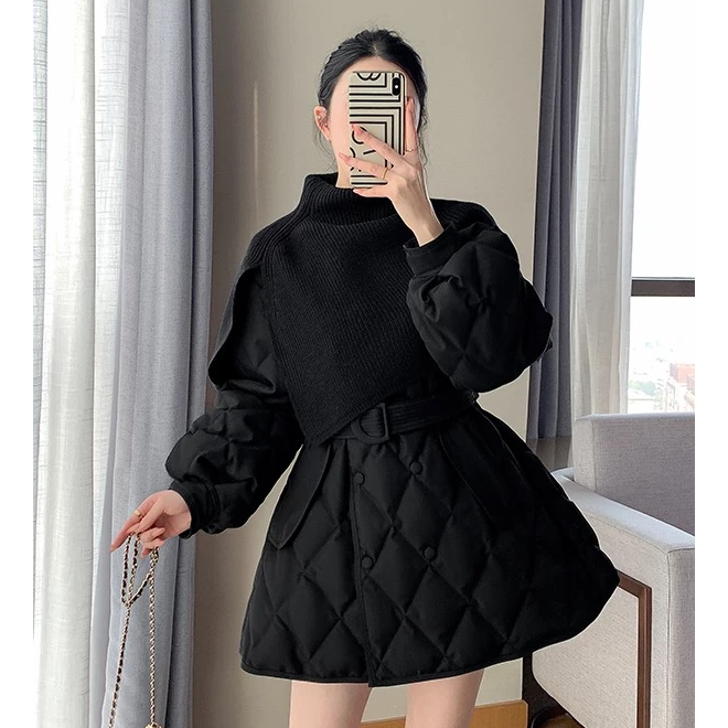 【木果甄选】中长款针织女棉服小香风收腰棉衣套装韩版加厚收腰