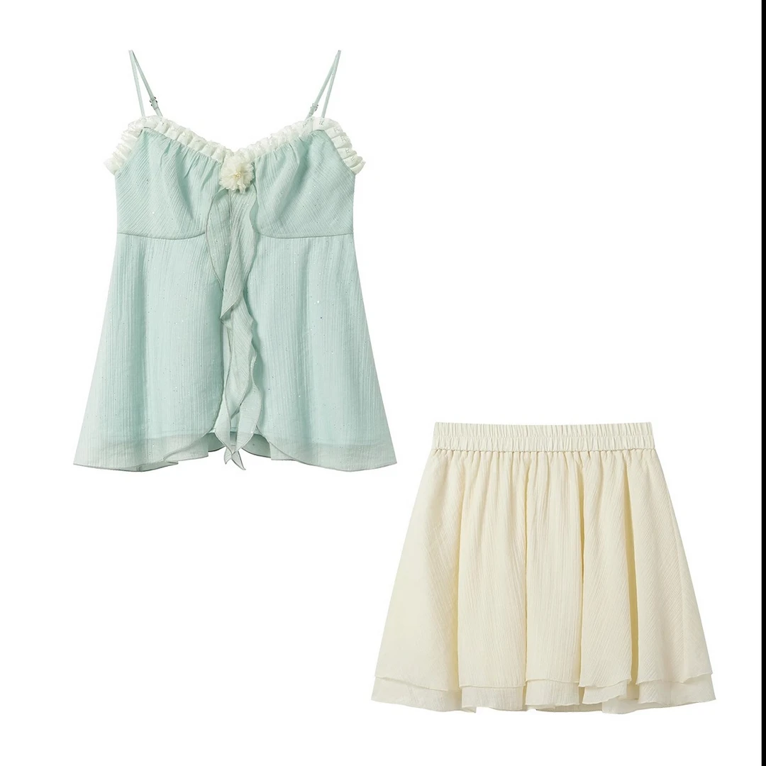 【夏花】夏日甜美感立体花朵吊带上衣短裙两件套套装Y50550346