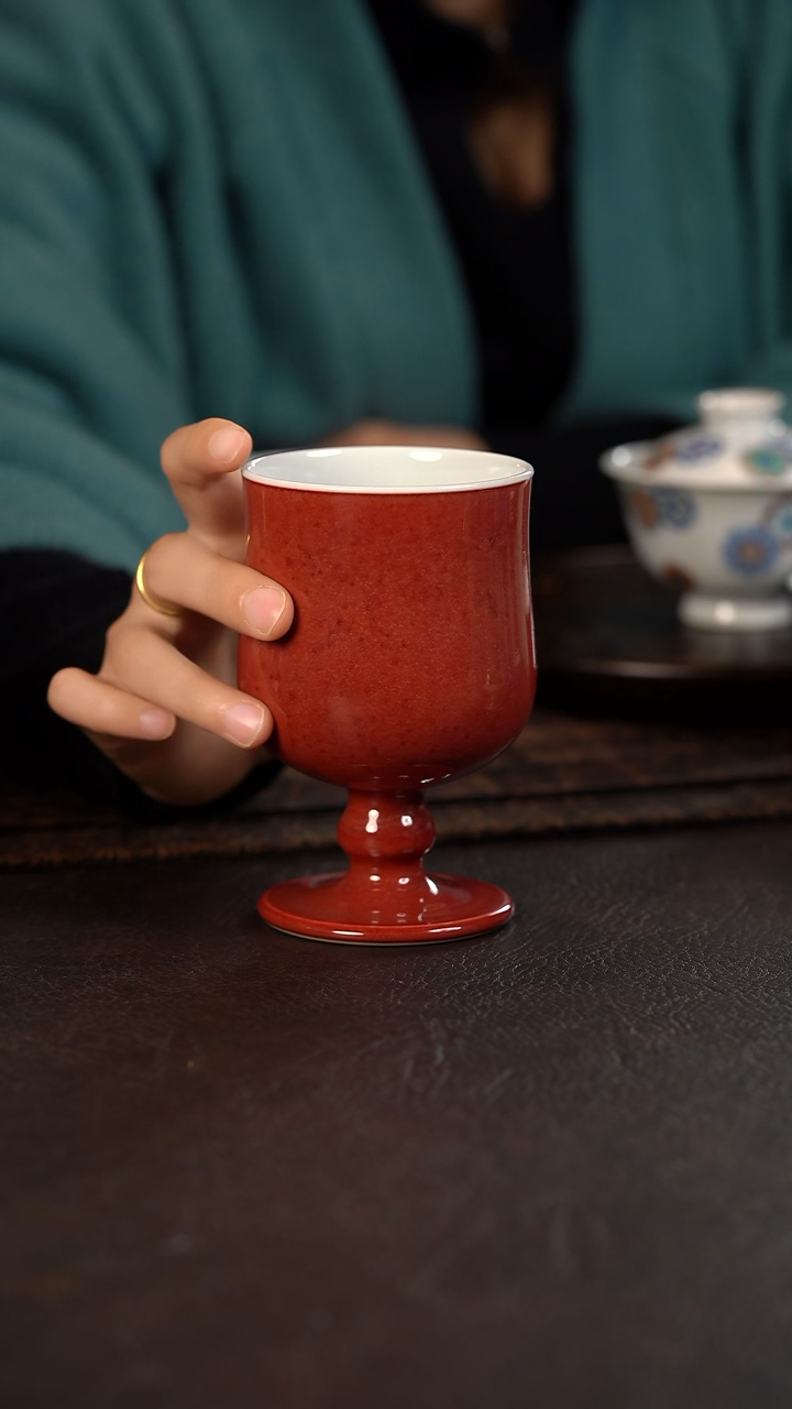 【闪购商品】杯云霞珍藏古彩豇豆红高脚杯