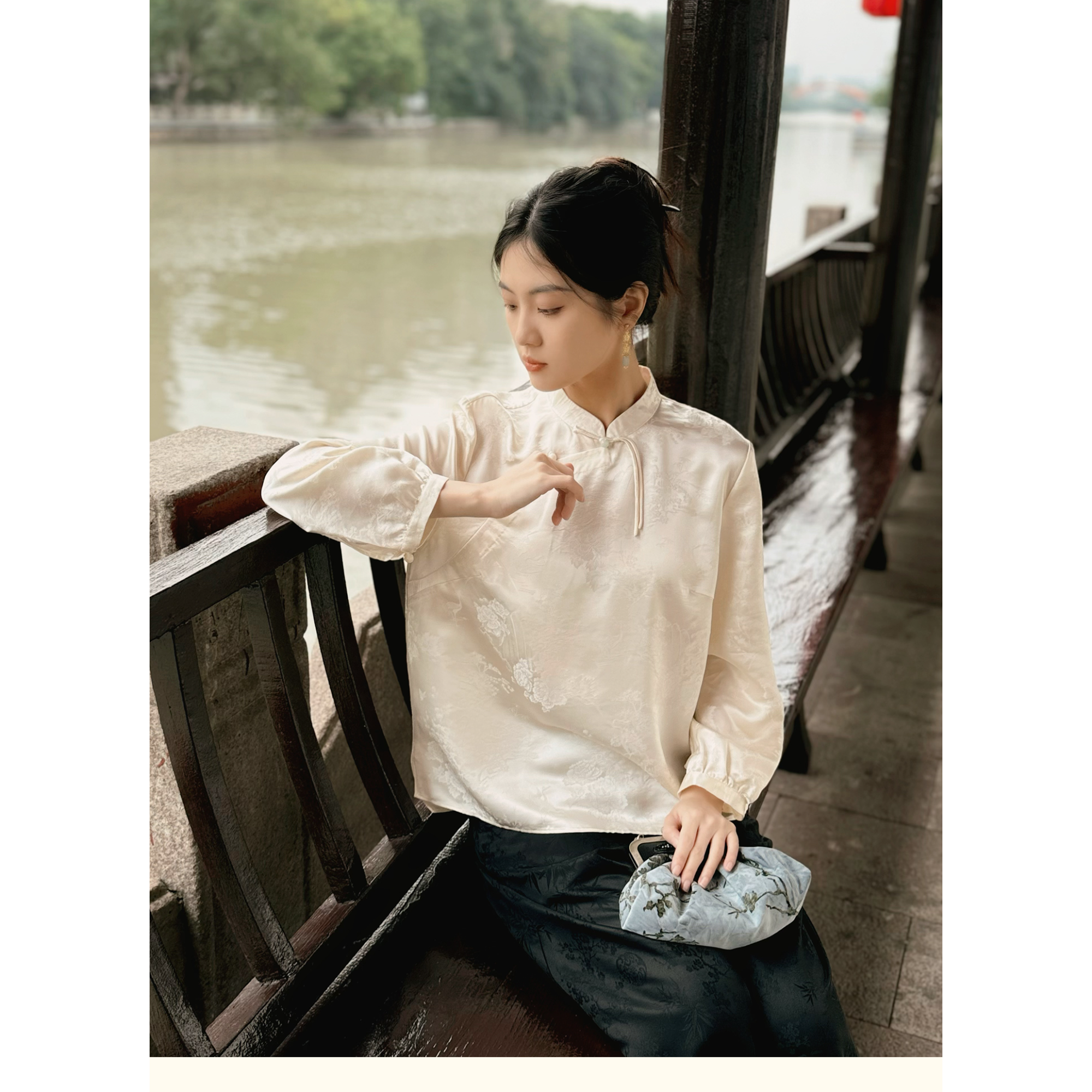 南羲【鹤屿】新中式春游出行立领提花斜襟百搭款小众气质知性衬衫
