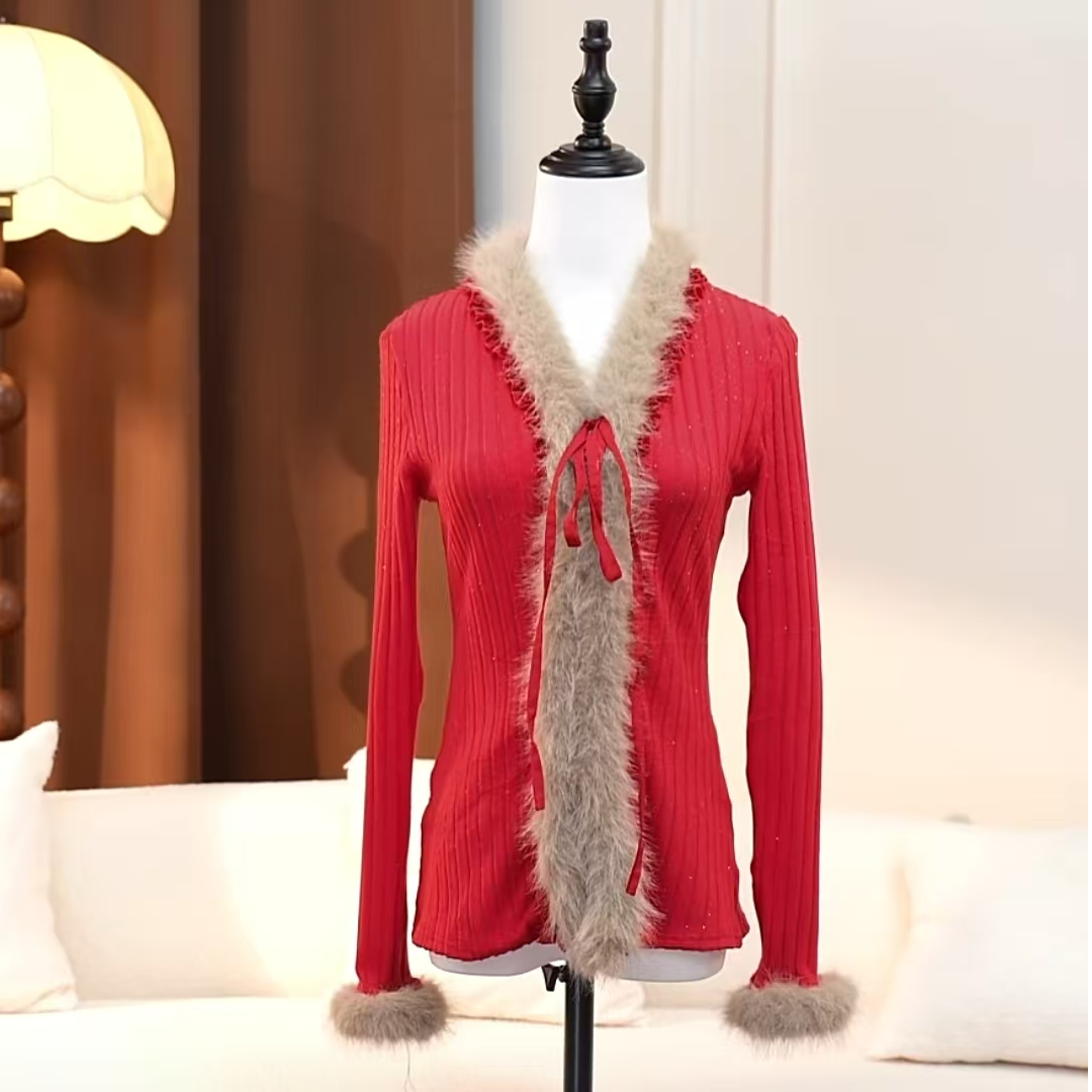 2025秋冬新款法式设计款毛毛领拼接长袖洋气修身绒衫-A778