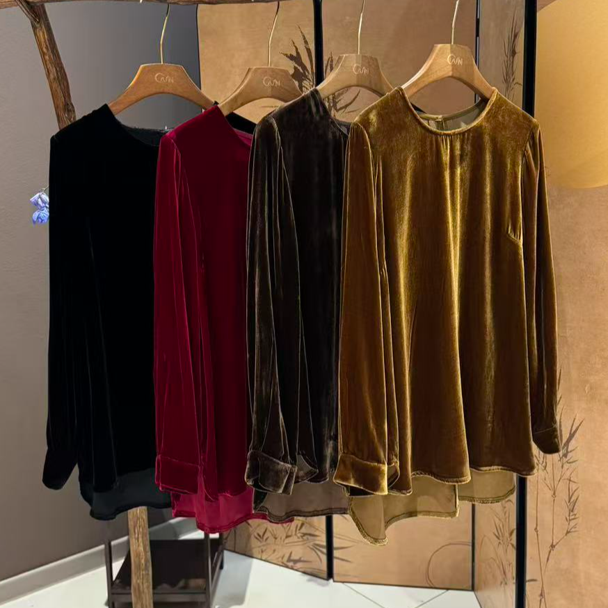 QNH-桑蚕丝真丝丝绒圆领长衫（勾人衫）