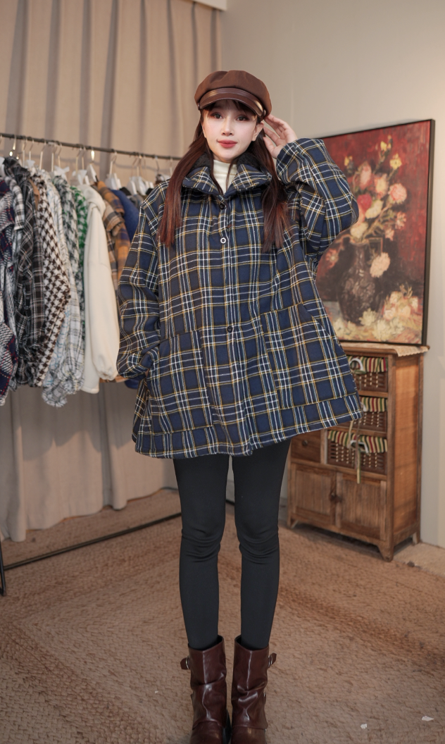 【木森】【媚蝶】 冬季加绒加厚蓝格黄线连帽斗篷款女外套S299