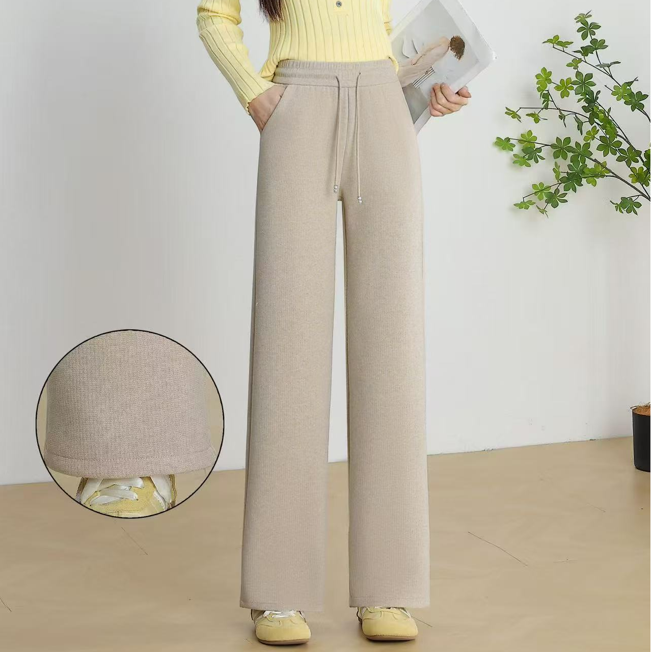 小个子休闲裤窄版直筒裤冬季加绒加厚中高腰时尚百搭阔腿裤显瘦