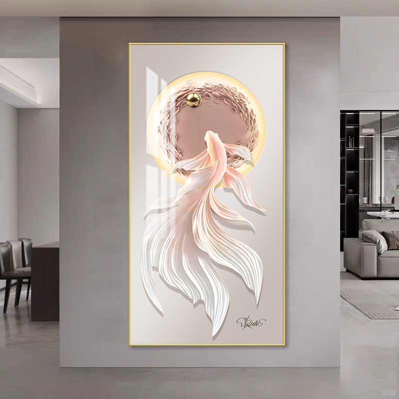 奶油轻奢风好运金鱼高级感玄关走廊装饰画过道手工晶瓷玄关装饰画
