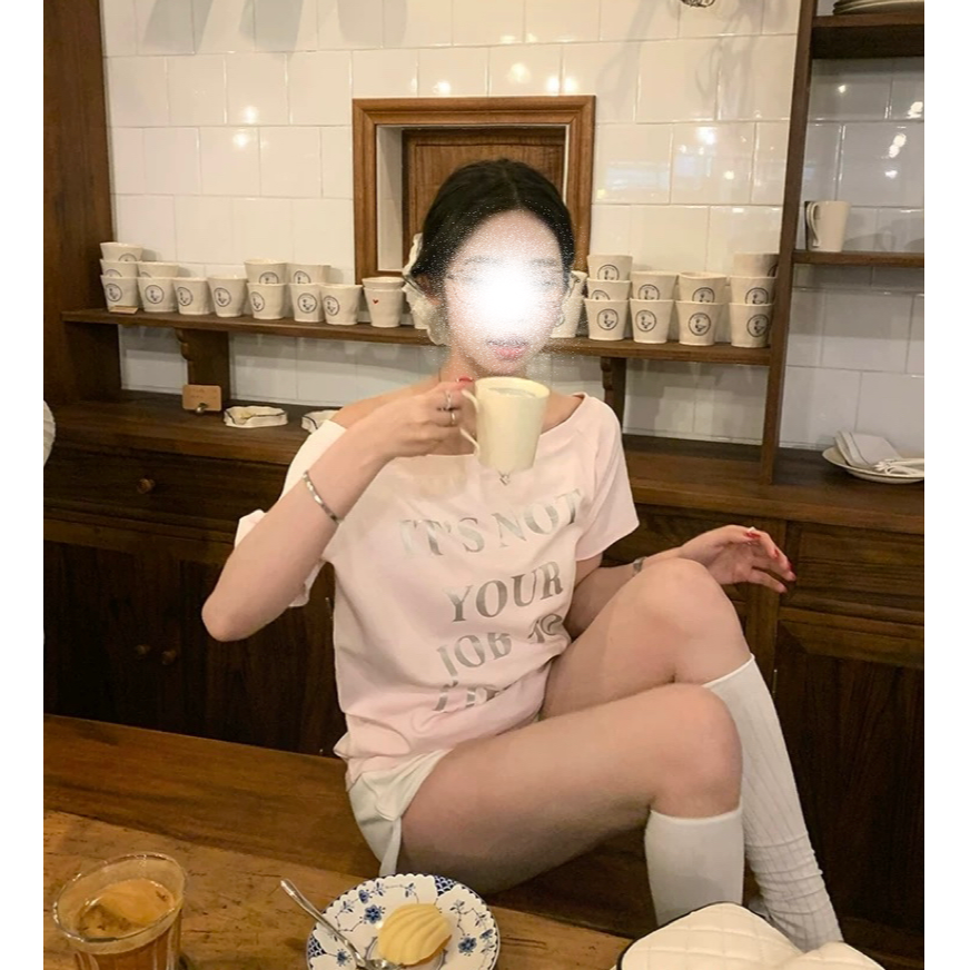 VTG女团韩系斜肩字母印花短袖T恤减龄百搭显瘦休闲上衣