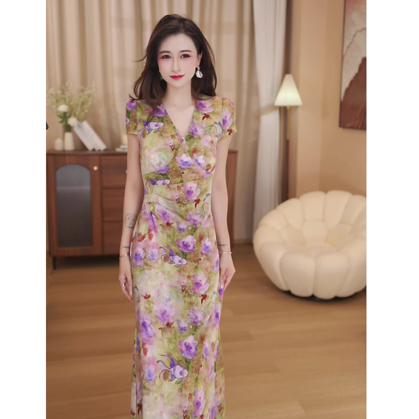 【暖暖】短袖夏季碎花优雅度假风长裙-VG0249