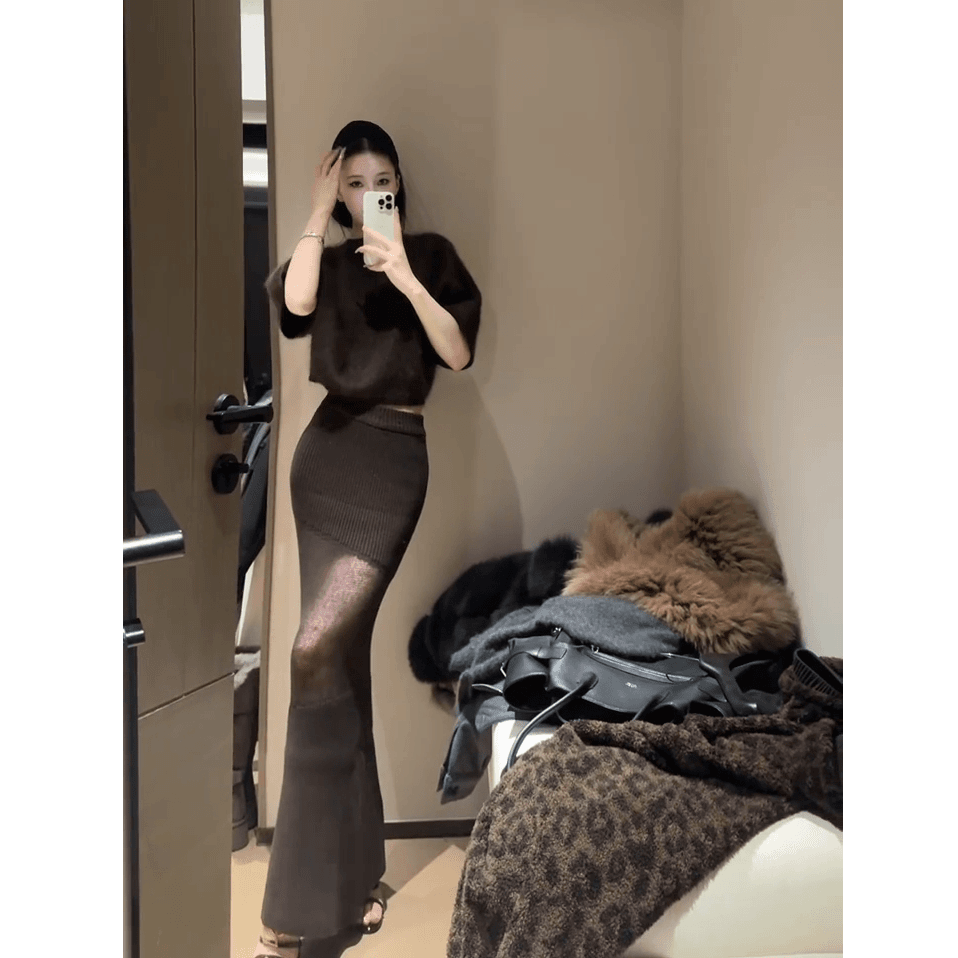 韩系圆领短袖针织衫上衣温柔气质纯欲镂空秋冬鱼尾裙针织半身裙女