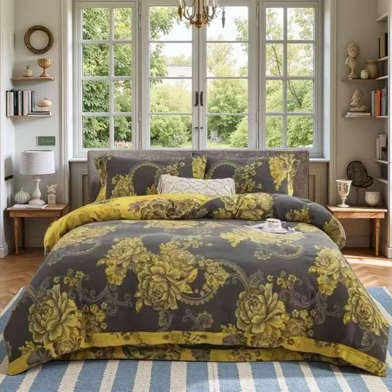 高端轻奢全棉斜纹棉色织双层纱四件套--黑金牡丹