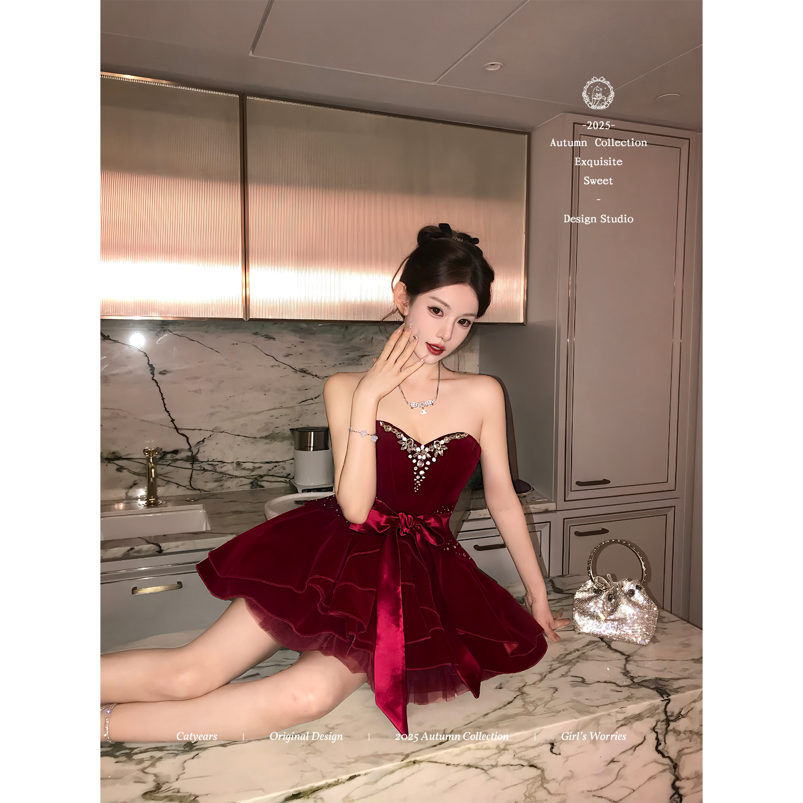 Catyears猫年【罗曼蒂克】圣诞主题小礼裙 复古红丝绒时尚套装