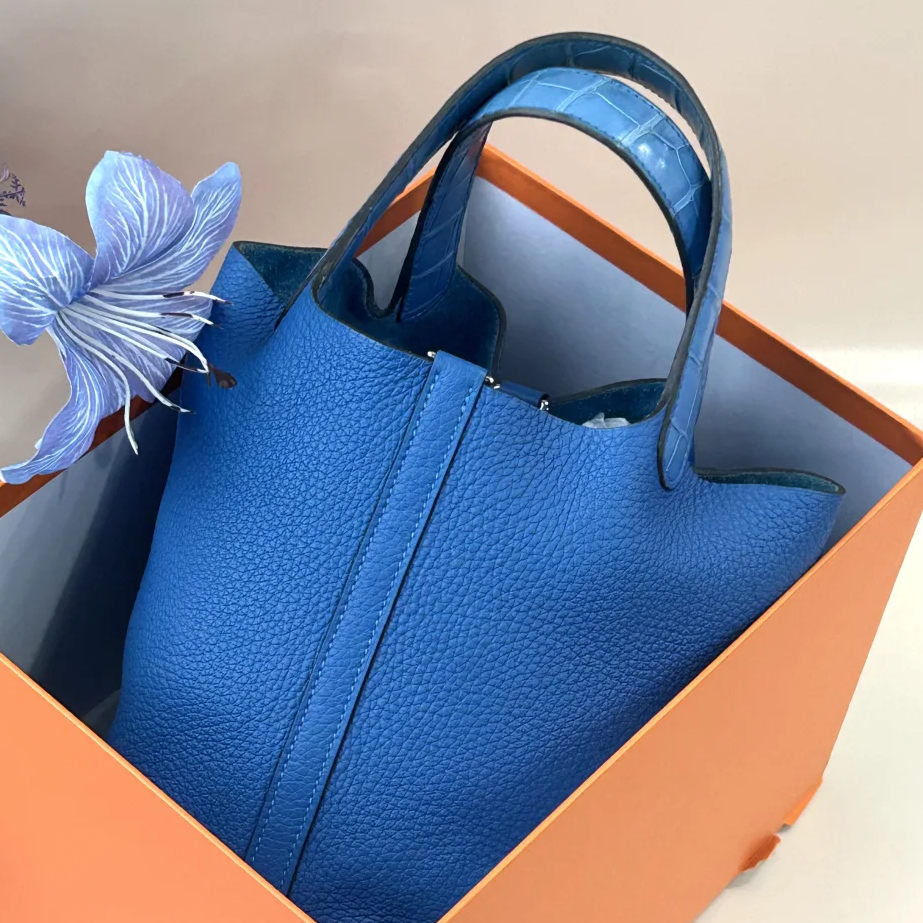 99新 Hermes/爱马仕 小花6欢 菜篮子18坦桑尼亚蓝正方块鳄鱼Y刻包