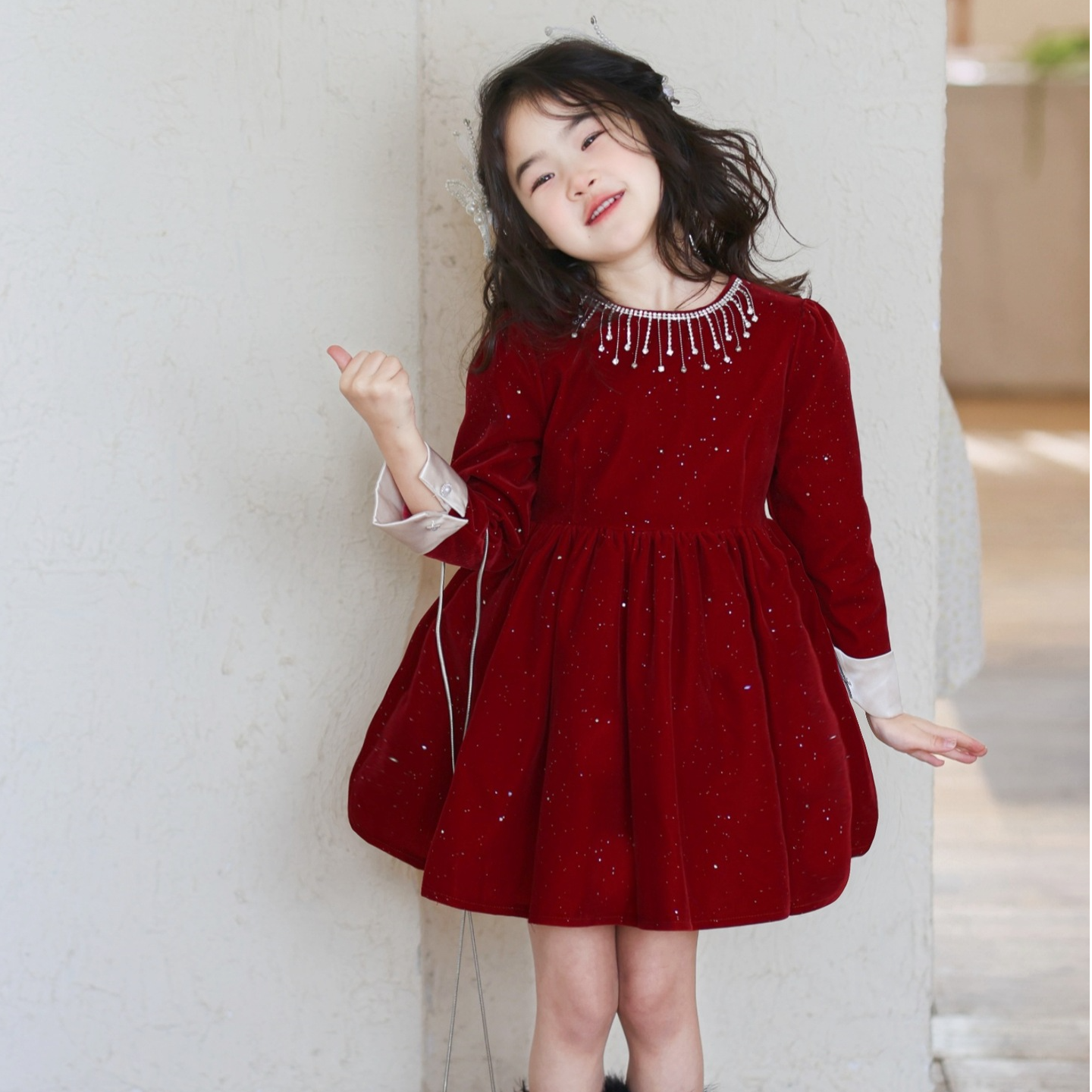 女童连衣裙冬小香风公主裙满天星红色圣诞生日婚礼花童礼服拜年服