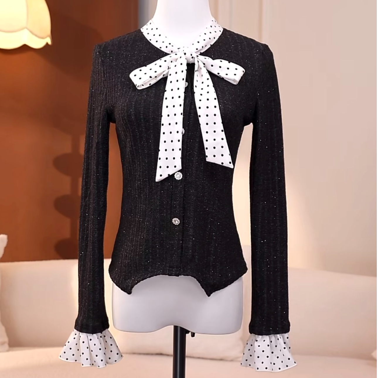 2025秋冬新款法式温柔风波点印花拼洋气百搭长袖修身绒衫-A719