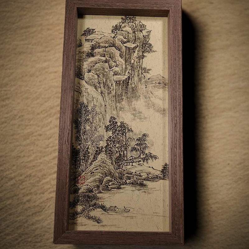 山水图15*31尺寸山竹老师亲绘带实木框