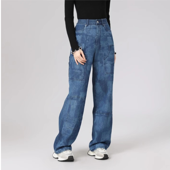 AMASS/阿玛施春季新款复古印花宽松直筒裤显瘦水洗牛仔裤5100475