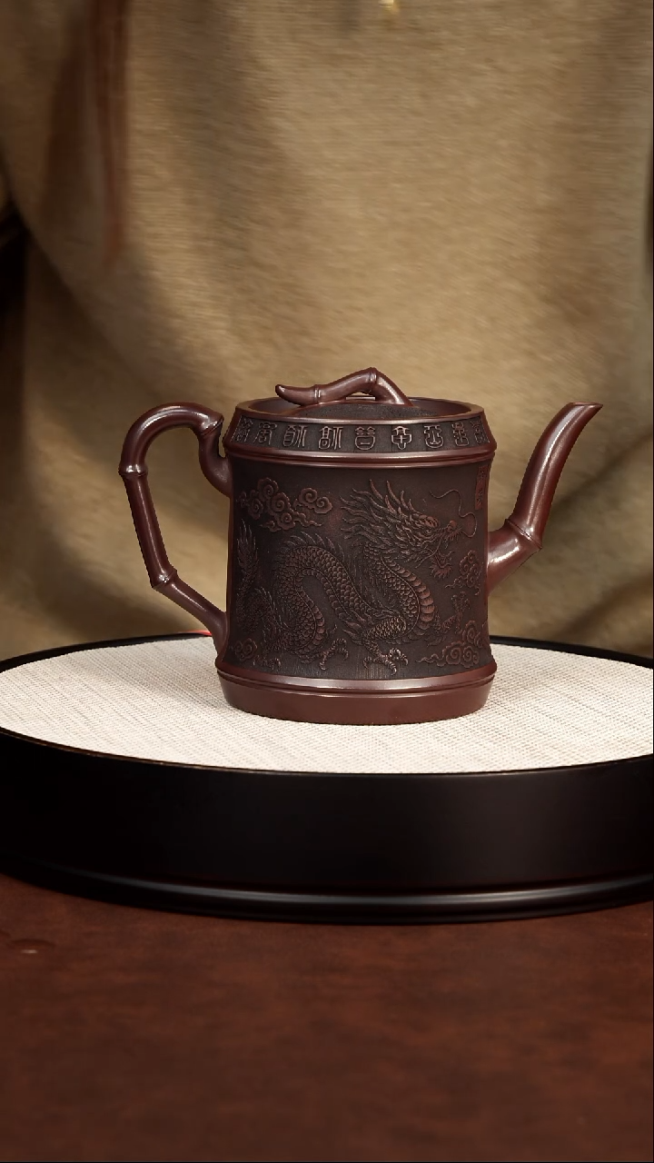 茶壶紫砂宜兴紫砂 龙凤高竹段壶 石红 高艳 768