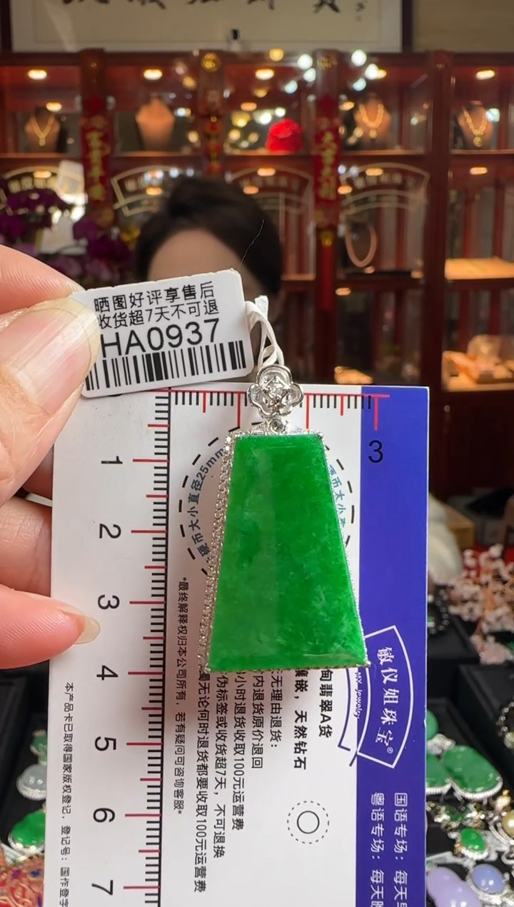 【闪购商品】翡翠颈饰18K金镶嵌HA0937辣绿无事牌