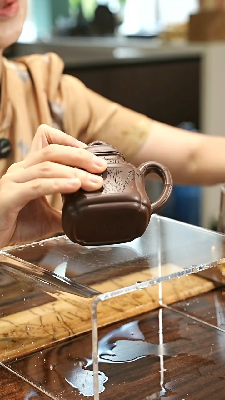 茶壶紫砂紫泥刻绘四方竹鼓