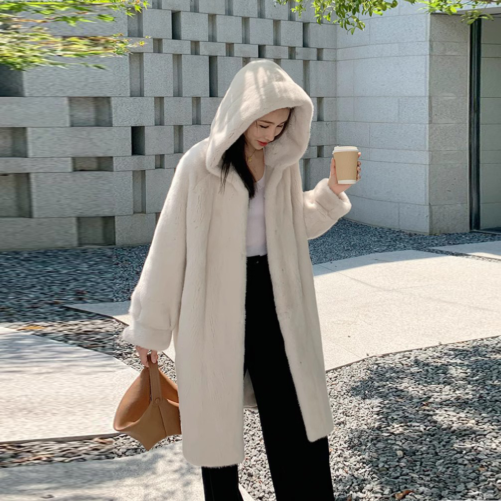 进口貂皮大衣女整貂连帽水貂紫金天鹅绒皮外套加长款