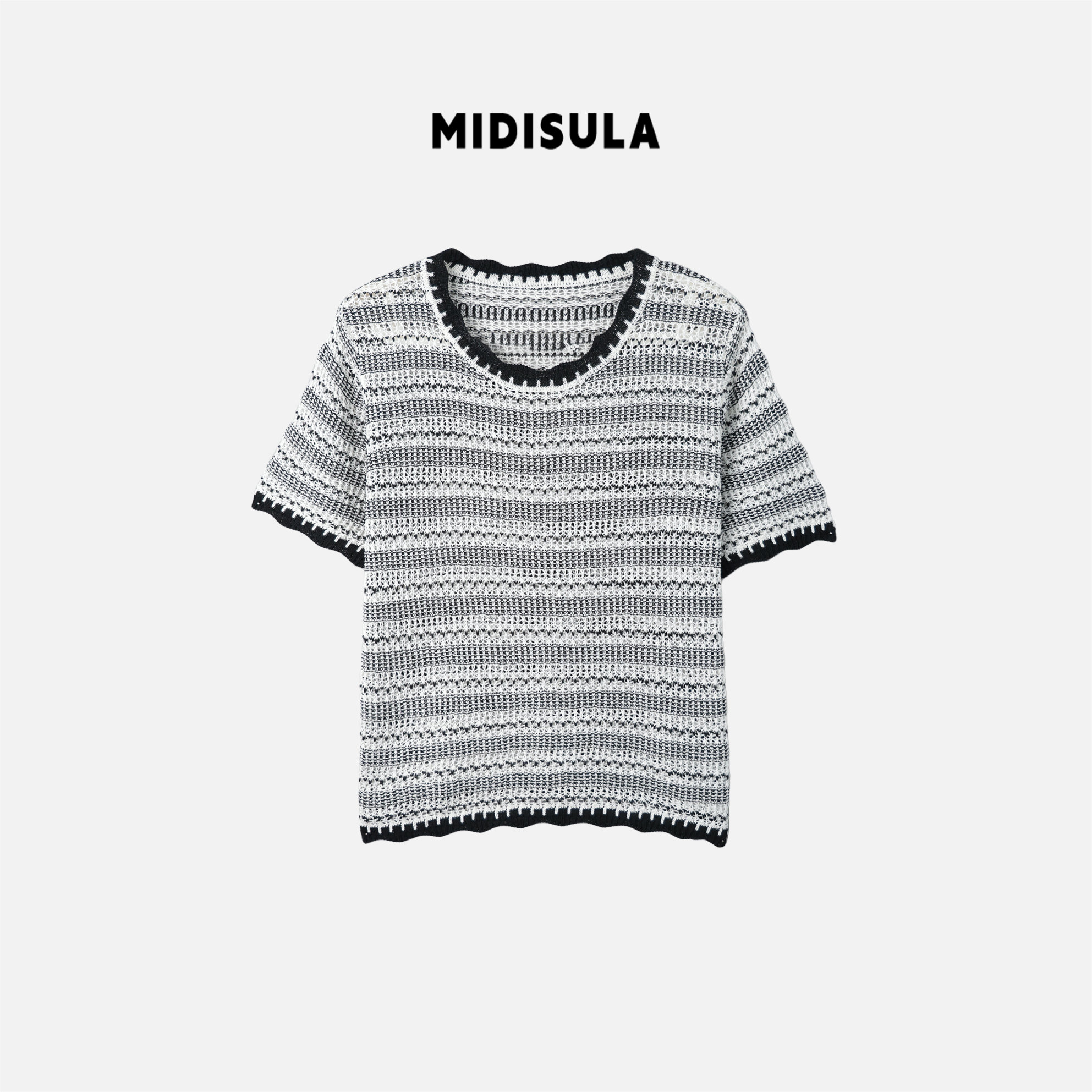 阿玉家&针织条纹短袖夏季新款袖口拼色虚线女宽松时髦T恤#0875