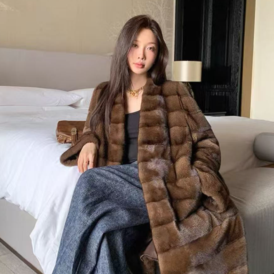 新款进口横排1米cm宽松V领貂皮大衣女整貂紫标天鹅绒气质皮草外套