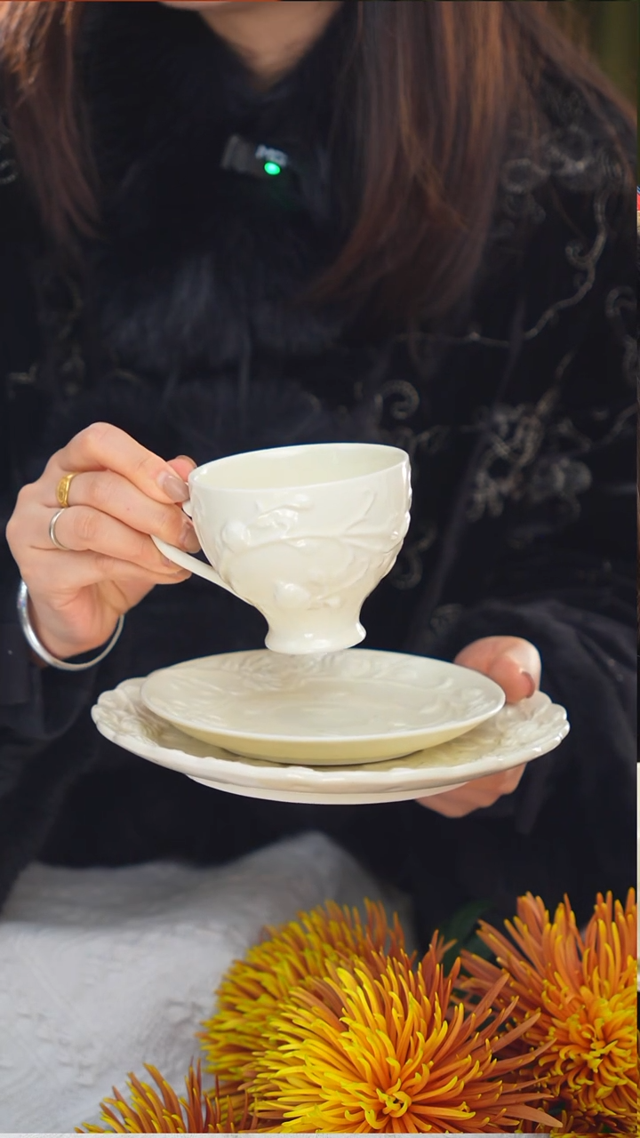 陶瓷 白色浮雕 咖啡杯套组