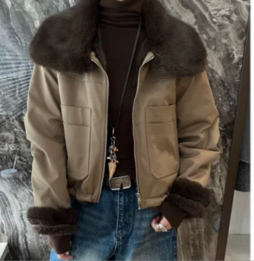 冬季女翻领短款美拉德风短外套时尚外套女士大毛领#5796