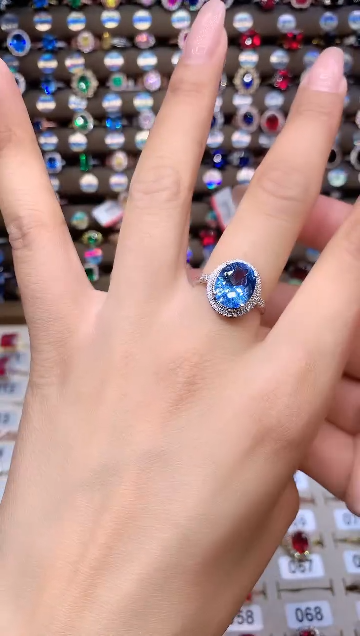 海蓝宝石戒指银S925镶嵌银色