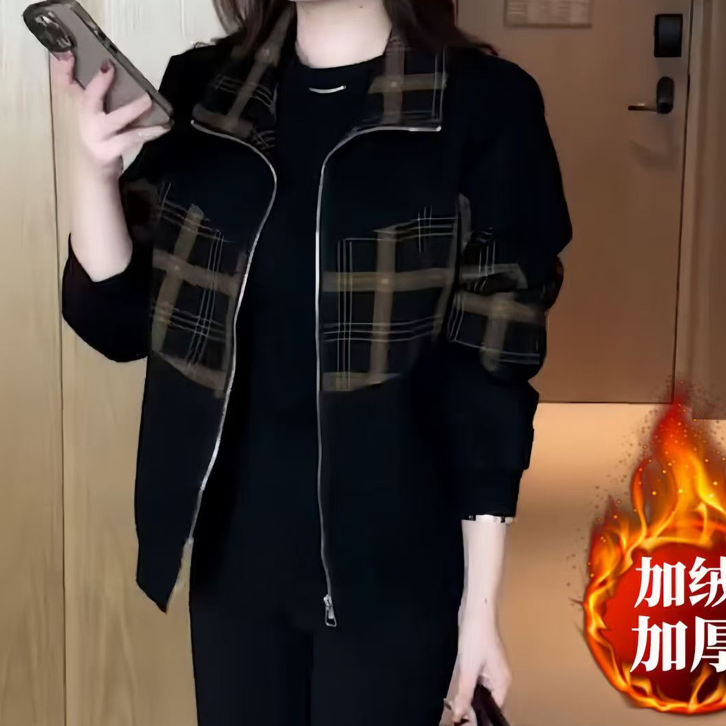 百搭拼接2025新款宽松休闲加绒加厚女装外套冬季中老年妈妈保暖衣