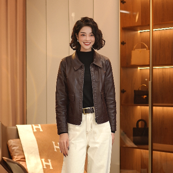 海宁纯皮外套女真皮皮衣秋冬复古老钱风双拉链翻领短款CZYL-266#