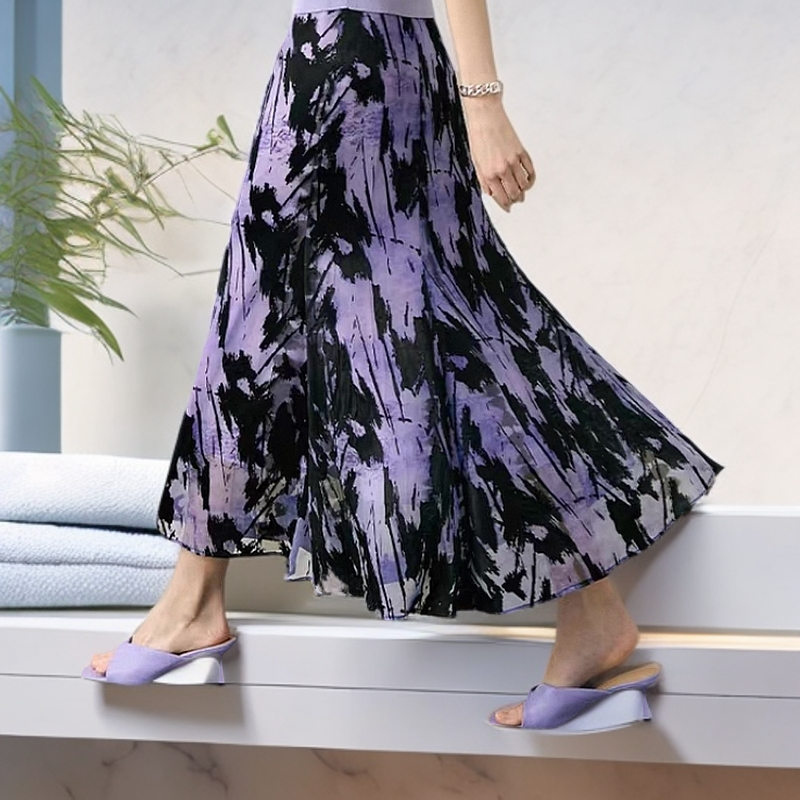 【757半身裙】薇乐女装烧花半身裙A字收腰显瘦中长裙夏季新款