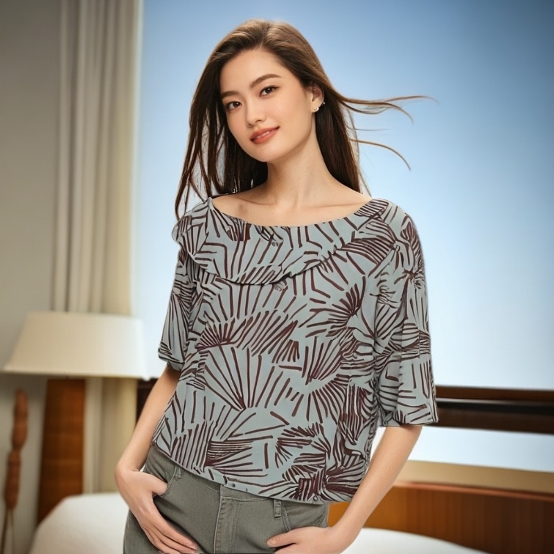 夏季气质短袖中袖时尚休闲风印花常规衬衫小衫上衣长袖文艺复兴风