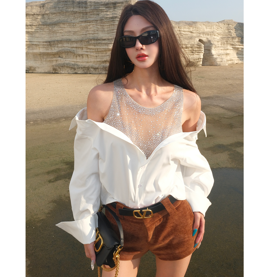 2025初秋MIKIHLEO “几千颗水钻”假两件时尚气质烫钻衬衣(衣长52）